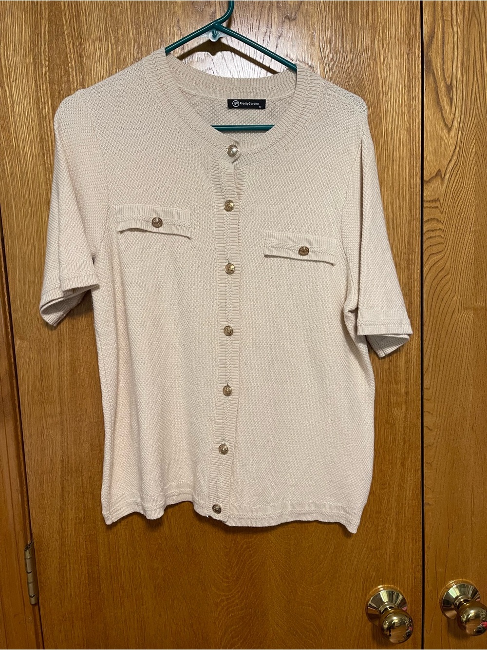 Textured Short-Sleeve Button Cardigan in Beige